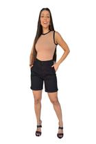 Short Jeans Feminino Meia Coxa Bolso Faca - Preto