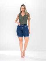 Short jeans feminino meia coxa com lycra cintura alta barra dobrada modela bumbum lançamento -