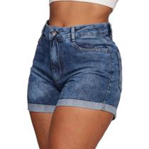 Short Jeans Feminino Mom Marmorizado Cintura Alta Dobrado Na Barra