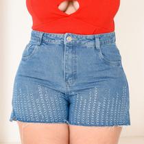 Short Jeans Feminino Plus Size 100 Marmorizado Com Brilho Strass de Recorte a Laser