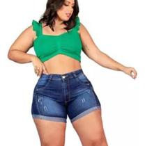 Short Jeans Feminino Plus Size Barrado Com Elastano