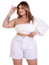 Short Jeans Feminino Plus Size Branco Com STRASS MEIA COXA