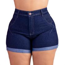 Short Jeans Feminino Plus Size Cintura Alta Com Lycra Azul Escuro