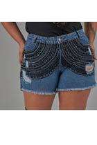 Short Jeans Feminino Plus Size com Bordado Manual em Strass e Cristais