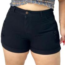 Short Jeans Feminino Plus Size Preto Barra Dobrada Modelo Curve