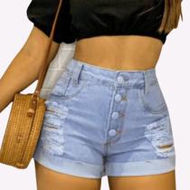 Short Jeans Feminino sem Lycra Barra Dobrada Cós Alto Detalhes Detonados Moderno