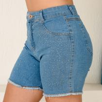 Short Jeans Marmorizado Premium Com Brilho Strass Blogueira de Barra Desfiada