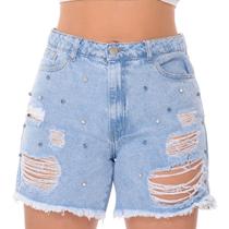 Short Jeans Meia Coxa Feminino Cintura Alta Bermuda Com Strass
