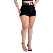 Short Jeans Preto com Cinto e Bolsos Laterais 100% Algodão