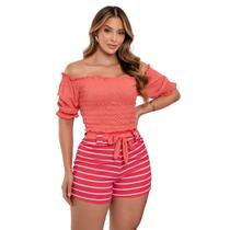 Short Listrado Feminino Rosa e Blusinha Ombro a Ombro Short Listrado Feminino Rosa e Blusinha Ombro a Ombro