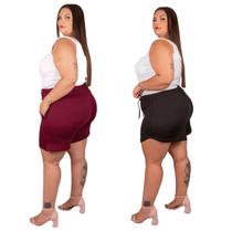 Short Malha Crepe Feminino Plus Size Moda Social Elegante E Short Canelado Cordão Elásitco Na Cintura Alta