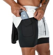 Short Masculino de Academia Fitnes 2x1 Bolso Oculto Celular Bermuda Compressão Corrida BRANCO Short Masculino de Academia Fitnes 2x1 Bolso Oculto Celular Bermuda Compressão Corrida BRANCO
