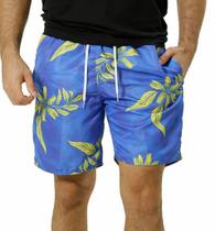 Short Masculino Ixória Água Estampado Folhas Azul Amarelo Short Masculino Ixória Água Estampado Folhas Azul Amarelo