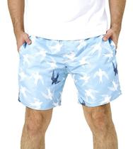 Short Masculino Poliéster Azul Claro Branco Gaivotas Com Bolsos Short Masculino Poliéster Azul Claro Branco Gaivotas Com Bolsos