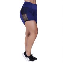 Short Meia Coxa Fitness Feminino Detalhe Tela Cirrê Textura Orbis - Azul, M