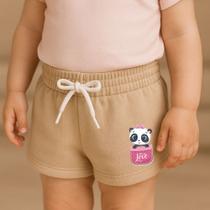 Short Moletinho Infantil Feminino Estampado Panda no Bolsinho Fofo Moda Kids Delicado Tendência