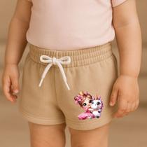 Short Moletinho Infantil Feminino Estampado Princesa Unicórnio Estilosa Fashion Cheia de Charme Fofu