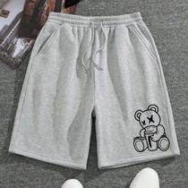 Short Moletinho Masculino Estampado Urso com Copo de Café StreetWear Casual