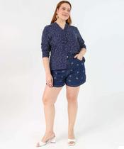 Short Plus Size Feminino Jeans Bordado Laços Azul-10050