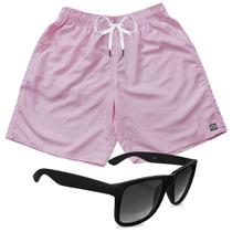 Short Praia Bermuda Mauricinho Rosa Claro + Óculos Preto