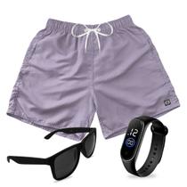 Short Praia Bermuda Mauricinho Roxo Claro + Relógio + Óculos Preto Short Praia Bermuda Mauricinho Roxo Claro + Relógio + Óculos Preto
