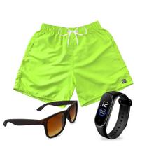 Short Praia Bermuda Mauricinho Verde Neon + Relógio + Óculos