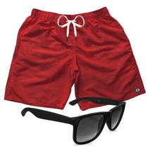 Short Praia Bermuda Mauricinho Vermelho Escuro + Óculos Preto