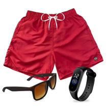 Short Praia Bermuda Mauricinho Vermelho Neon + Relógio + Óculos