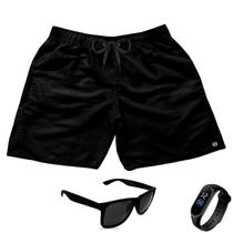 Short Praia Bermuda Preto Cordão Preto + Óculos + Relógio