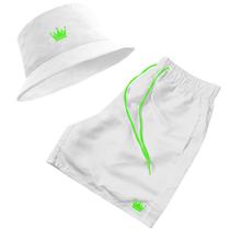 Short Praia + Chapeu Bucket Hat Masculino Branco Cordao Verde