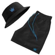 Short Praia + Chapeu Bucket Hat Masculino Com Cordao Azul