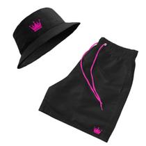 Short Praia + Chapeu Bucket Hat Masculino Com Cordao Rosa