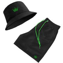 Short Praia + Chapeu Bucket Hat Masculino Com Cordao Verde