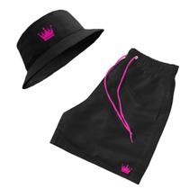 Short Praia + Chapeu Bucket Hat Masculino Preto Com Cordao Rosa