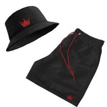 Short Praia + Chapeu Bucket Hat Masculino Preto Com Cordao Vermelho