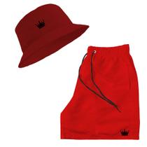 Short Praia + Chapeu Bucket Hat Masculino Vermelho Com Cordao Preto Short Praia + Chapeu Bucket Hat Masculino Vermelho Com Cordao Preto