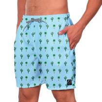 Short Praia Masculino W2 Azul Estampado Cacto e Coqueiros Academia Caminhada Corrida Qualidade