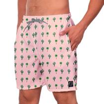 Short Praia Premium Masculino Academia Fitness Caminhada Rosa Estampado Coqueiro Cacto