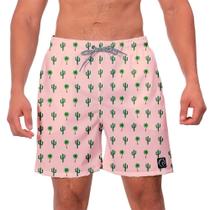 Short Praia Premium Masculino Academia Fitness Caminhada Rosa Estampado Coqueiro Cacto