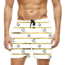 Short Praia Shorts Banho Bermuda Verão Âncoras Listras Dourado Marinheiro 1604