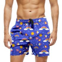 Short Praia Shorts Banho Bermuda Verão Arco-Íris Sol Coração Desenho Cartoon 953