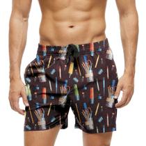 Short Praia Shorts Banho Bermuda Verão Canetas Marca Texto Cartoon Canetão 1236