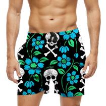 Short Praia Shorts Banho Bermuda Verão Caveira Flores Azul Cartoon 752