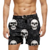 Short Praia Shorts Banho Bermuda Verão Caveira Flores Dark Preto 754