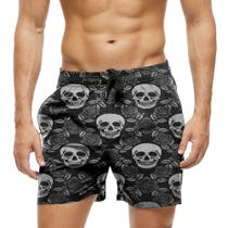 Short Praia Shorts Banho Bermuda Verão Caveira Flores Preta Dark 373
