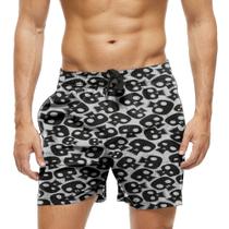 Short Praia Shorts Banho Bermuda Verão Caveiras Cartoon Preto 392