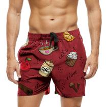 Short Praia Shorts Banho Bermuda Verão Coffee Cake Apple Cartoon 1183