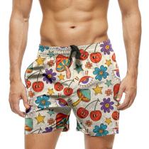 Short Praia Shorts Banho Bermuda Verão Cogumelos Cerejas Face Olhar Cartoon Vibes 1001
