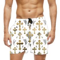 Short Praia Shorts Banho Bermuda Verão Cruz Dourada Flores 1706