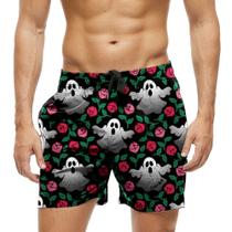 Short Praia Shorts Banho Bermuda Verão Fantasmas Cartoon Flores Rosas 737